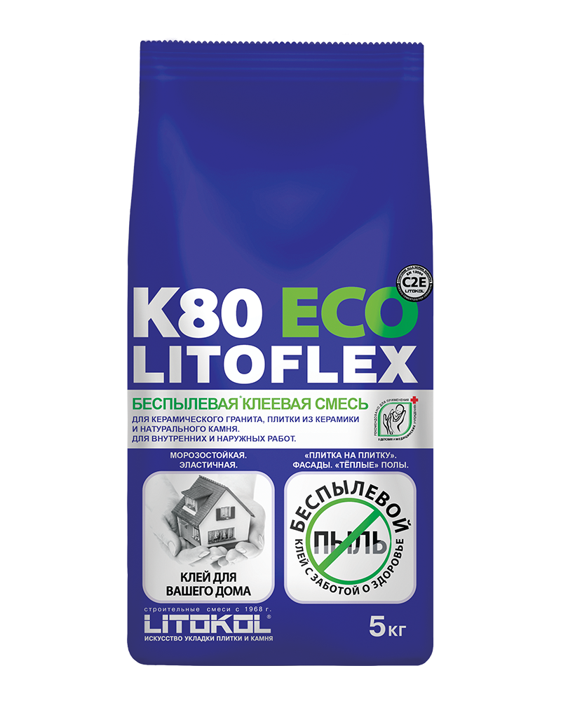Клеевая смесь Litokol Litoflex K80 Eco (C2E) 5кг, беспылевая и усиленная