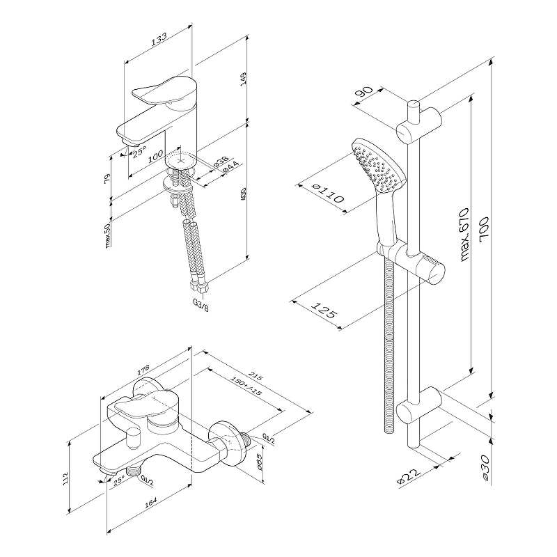 Комплект 2 смесителя, душевой комплект AM.PM X-Joy F40985A00